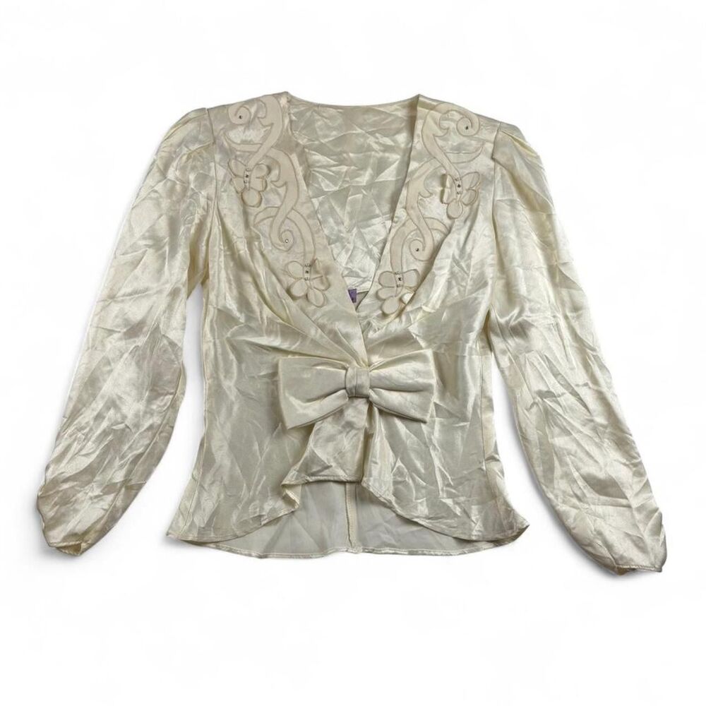 Vintage Cream Satin Blouse Bow Detail Floral Embroidered Cottagecore Top